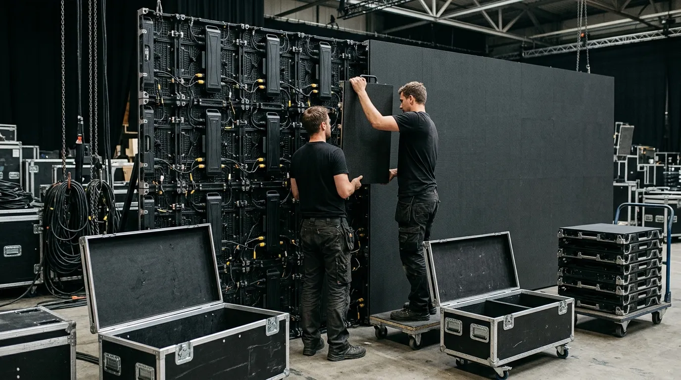 Technicians assembling rental LED display cabinets into a video wall backstage, with flight cases and stacked cabinets nearby
