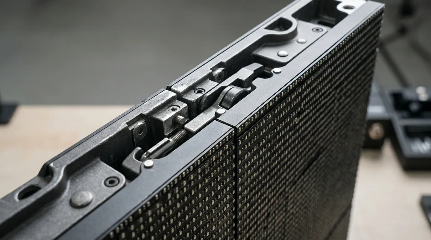 Close view of the die-cast frame edge and quick-lock point where two rental LED display cabinets join