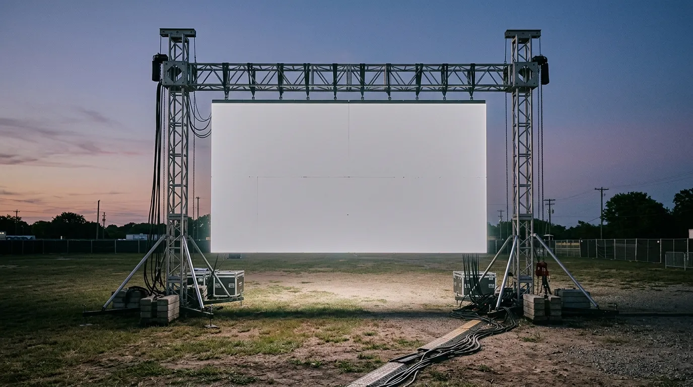 Outdoor rental LED display screen mounted on truss at an outdoor event space at dusk with an empty audience area