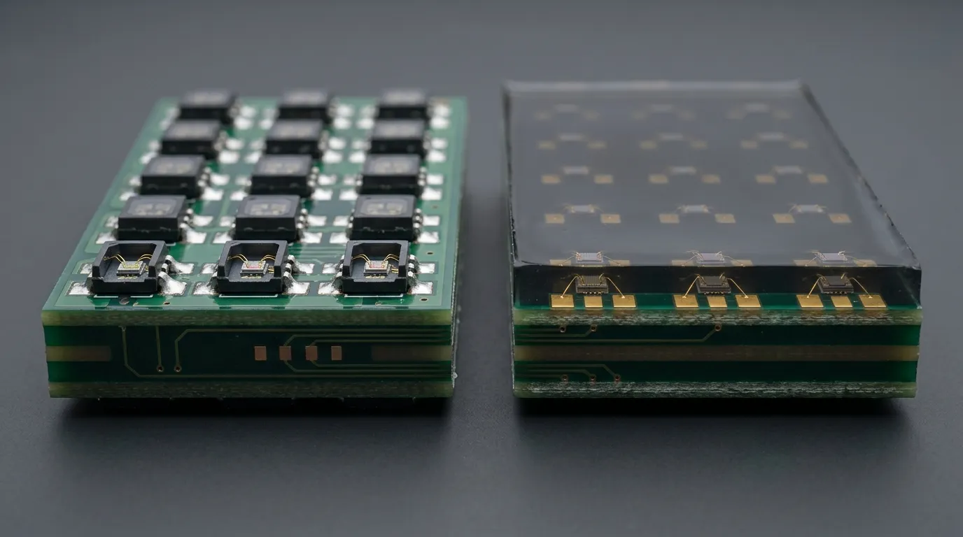 Cutaway comparison of an SMD LED module with exposed packaged chips and a COB module with chips sealed under an integrated protective layer