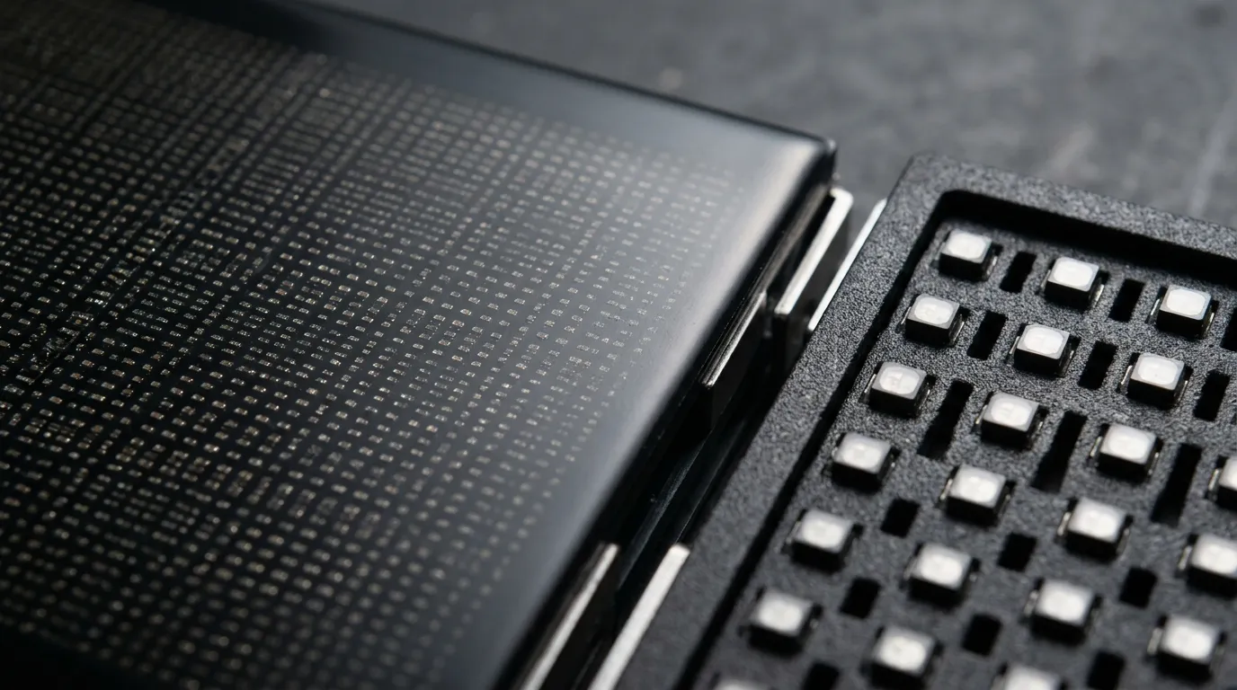 Close-up of a sealed COB module surface with densely spaced LED chips beside a module with larger, more widely spaced light points