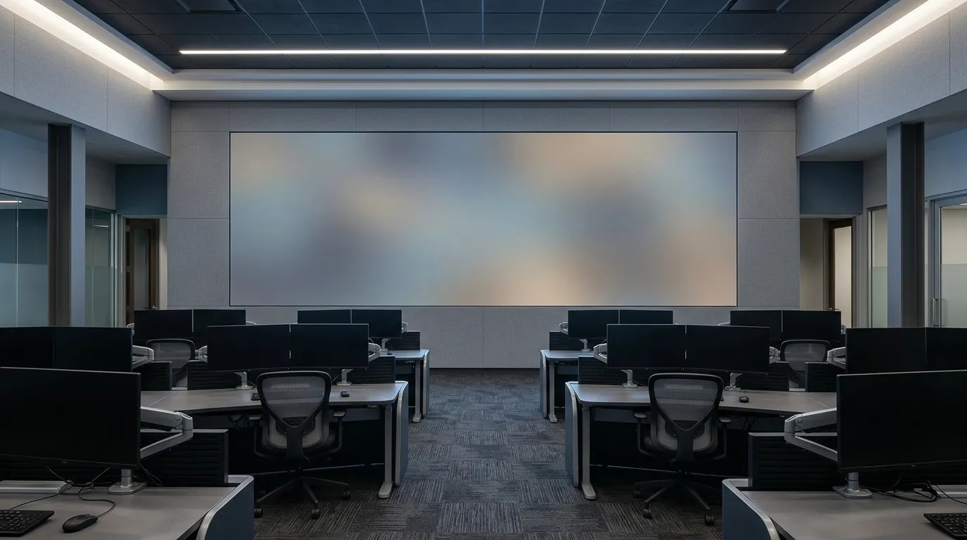 Fine-pitch indoor LED video wall mounted on a wall in a control room with operator desks arranged in front at a close viewing distance