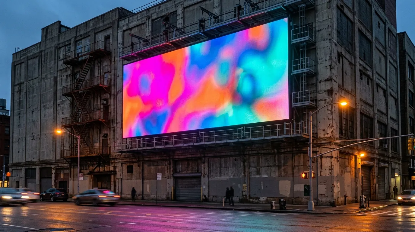 Building-mounted outdoor LED advertising billboard glowing above a city road at dusk