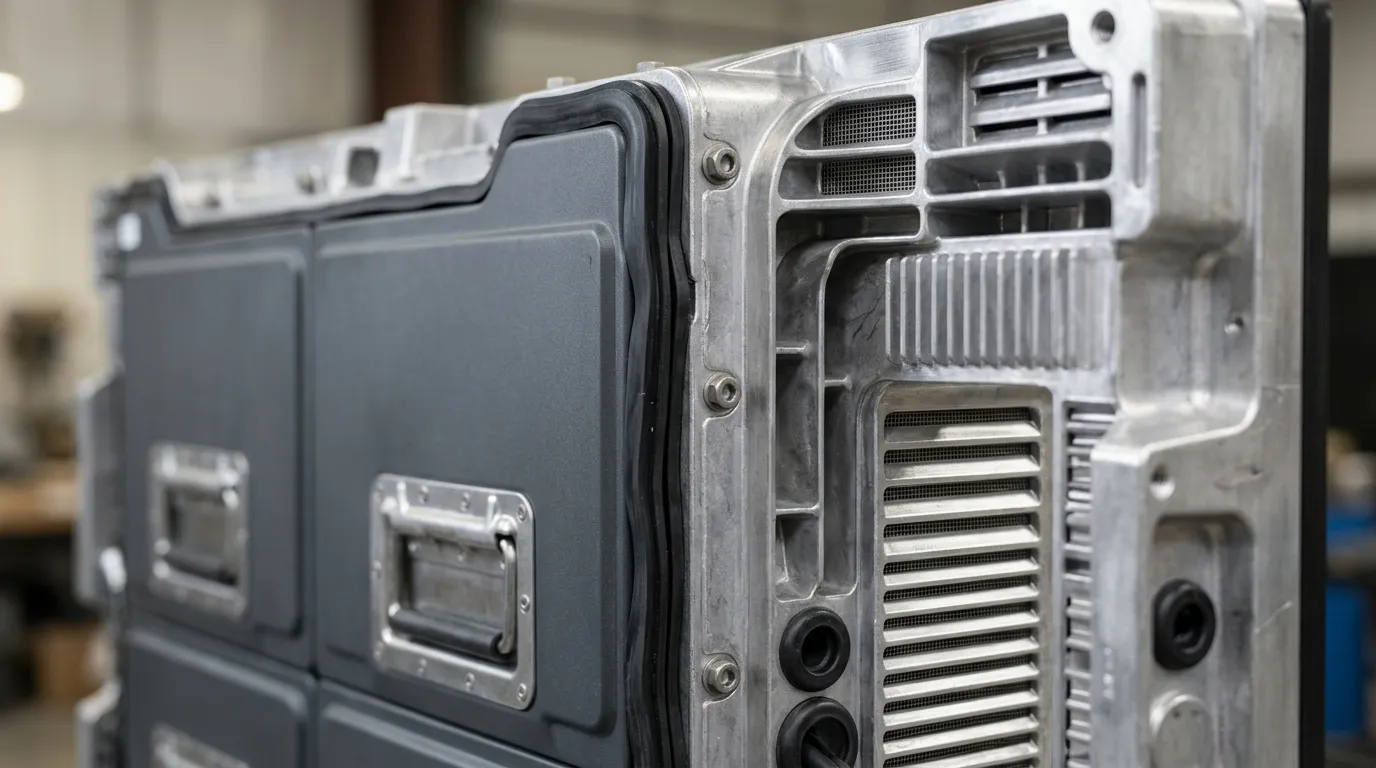 Close view of the sealed rear housing and gasket edge of an outdoor LED display cabinet