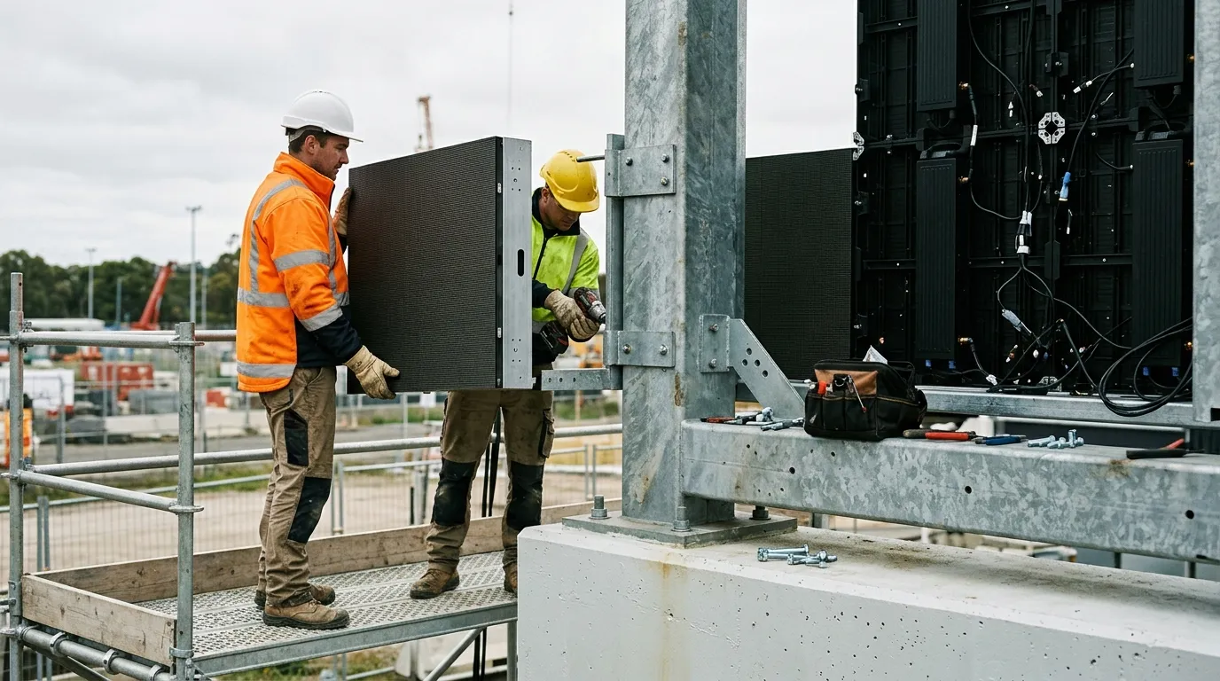 Workers mounting an outdoor LED display cabinet onto a steel frame at an outdoor site