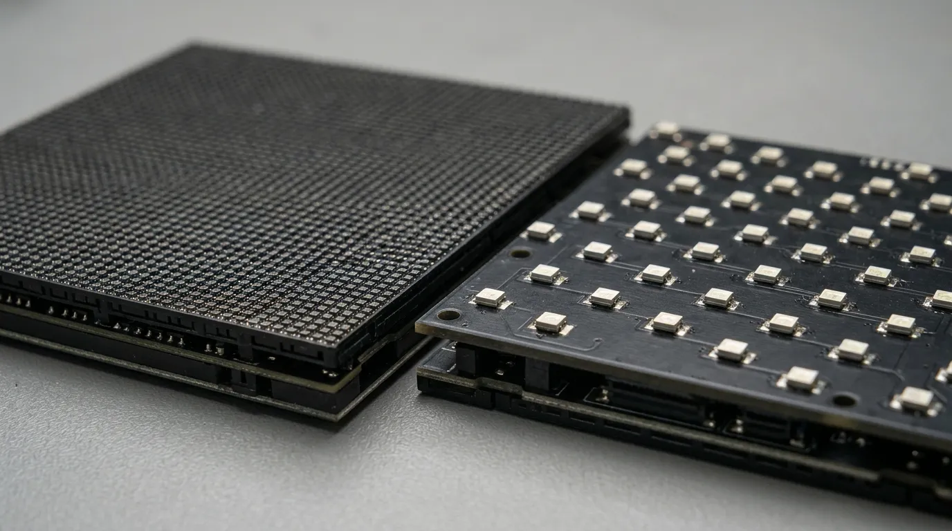 Two LED display modules with different pixel pitches side by side on a workbench