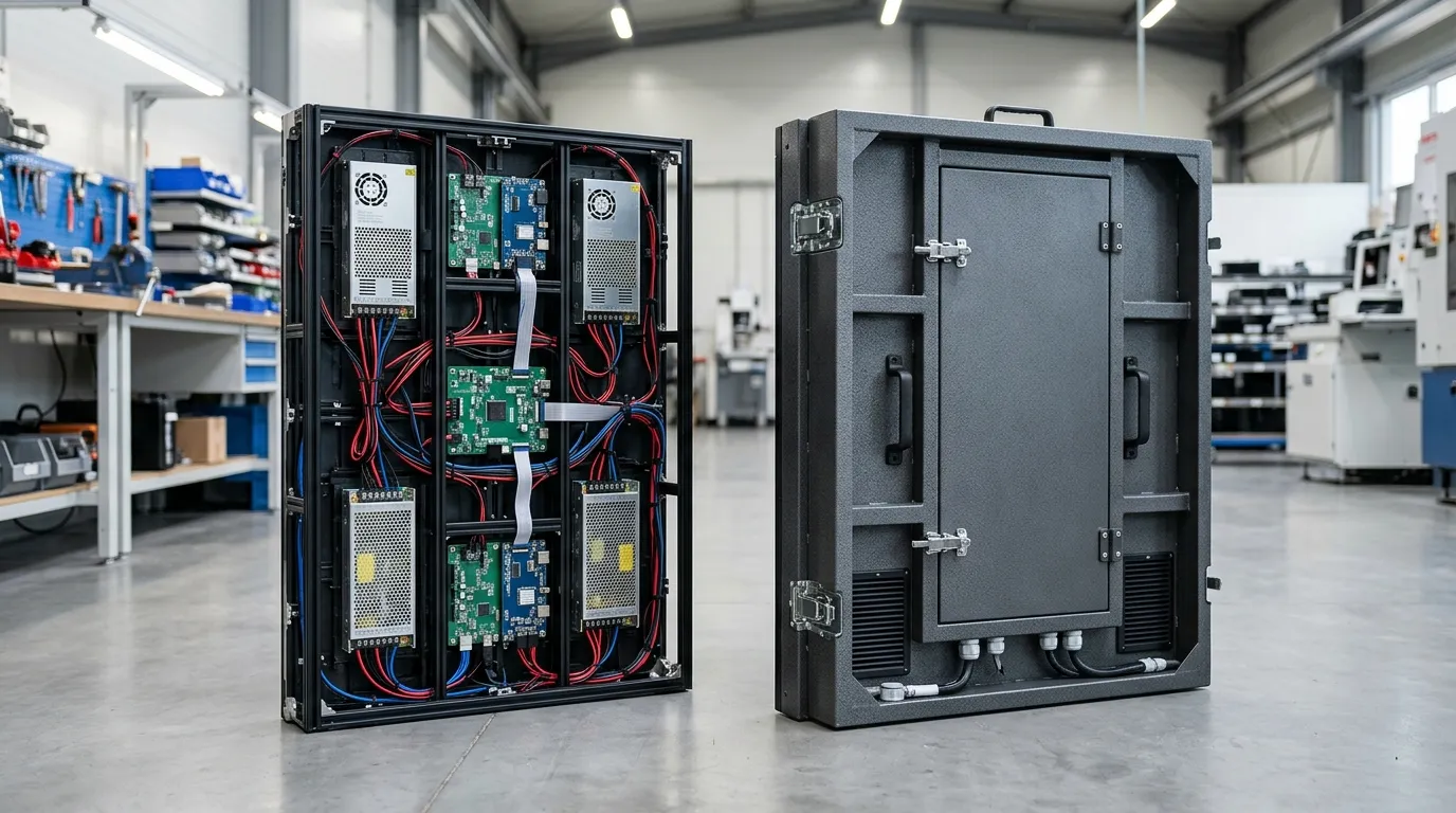 Indoor LED cabinet beside a sealed outdoor LED cabinet in an assembly workshop