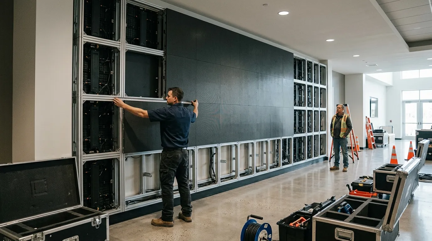 Installer measuring the width of an indoor LED video wall before installation