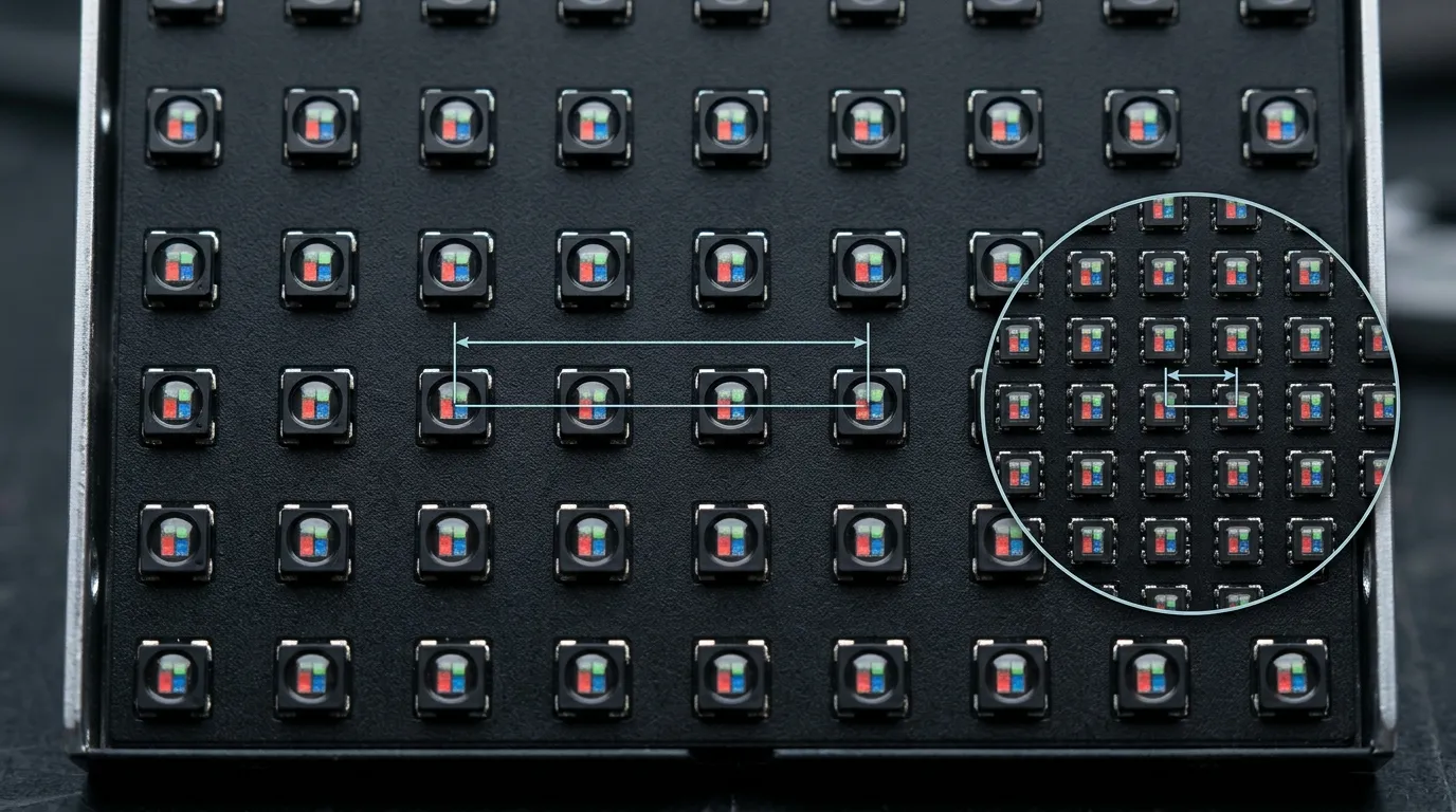 Macro view of LED module grid comparing sparse and dense pixel spacing with a centre-to-centre dimension line