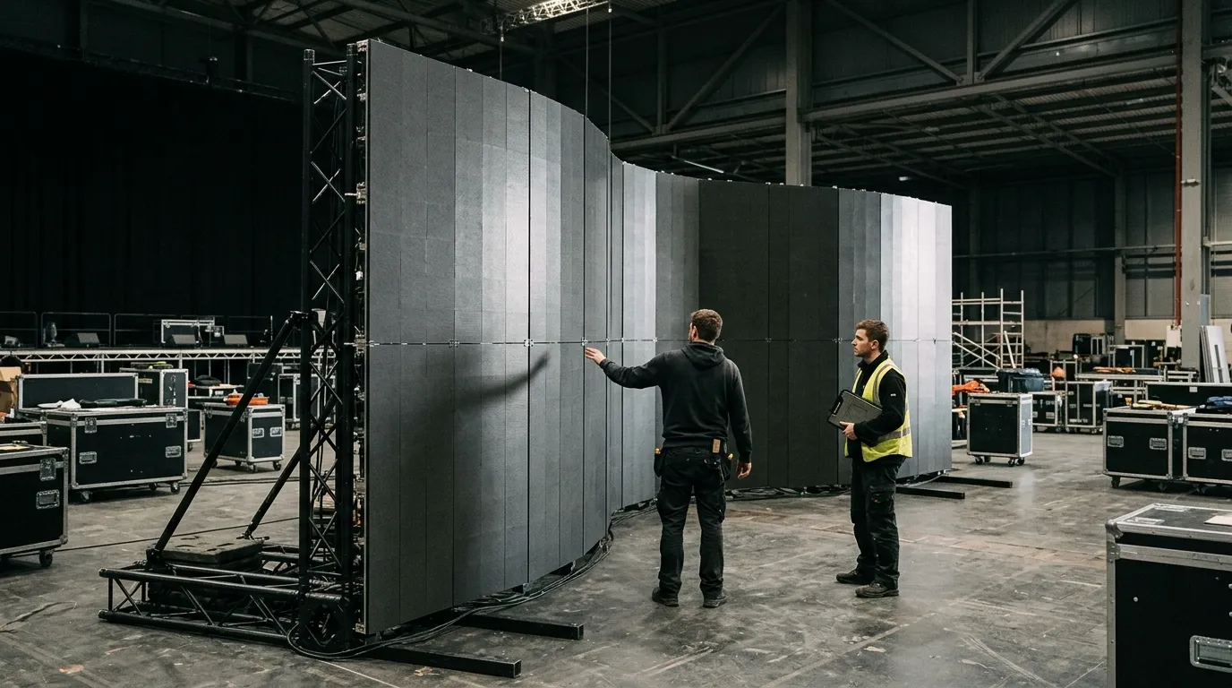 Curved rental LED display wall with concave and convex cabinet sections being checked by two technicians in an event hall