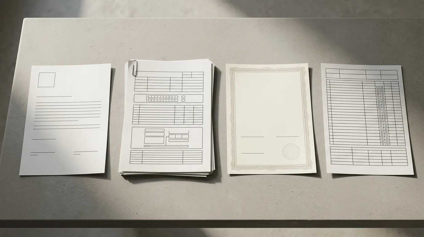 Four blank document types arranged side by side on a desk: a declaration page, a test report, a certificate page and a substance declaration sheet.