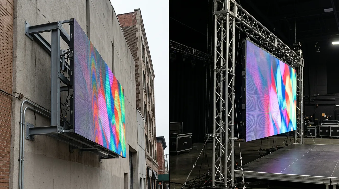 Split view of a fixed outdoor LED advertising display on a building facade and an indoor rental LED video wall on a stage truss.
