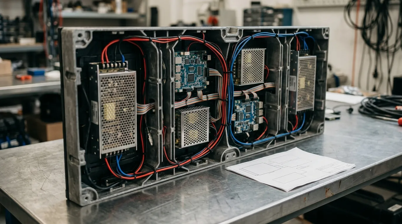 Open rear of a powered-down LED display cabinet showing power supplies, receiving cards and cabling with a blank document sheet on the bench.