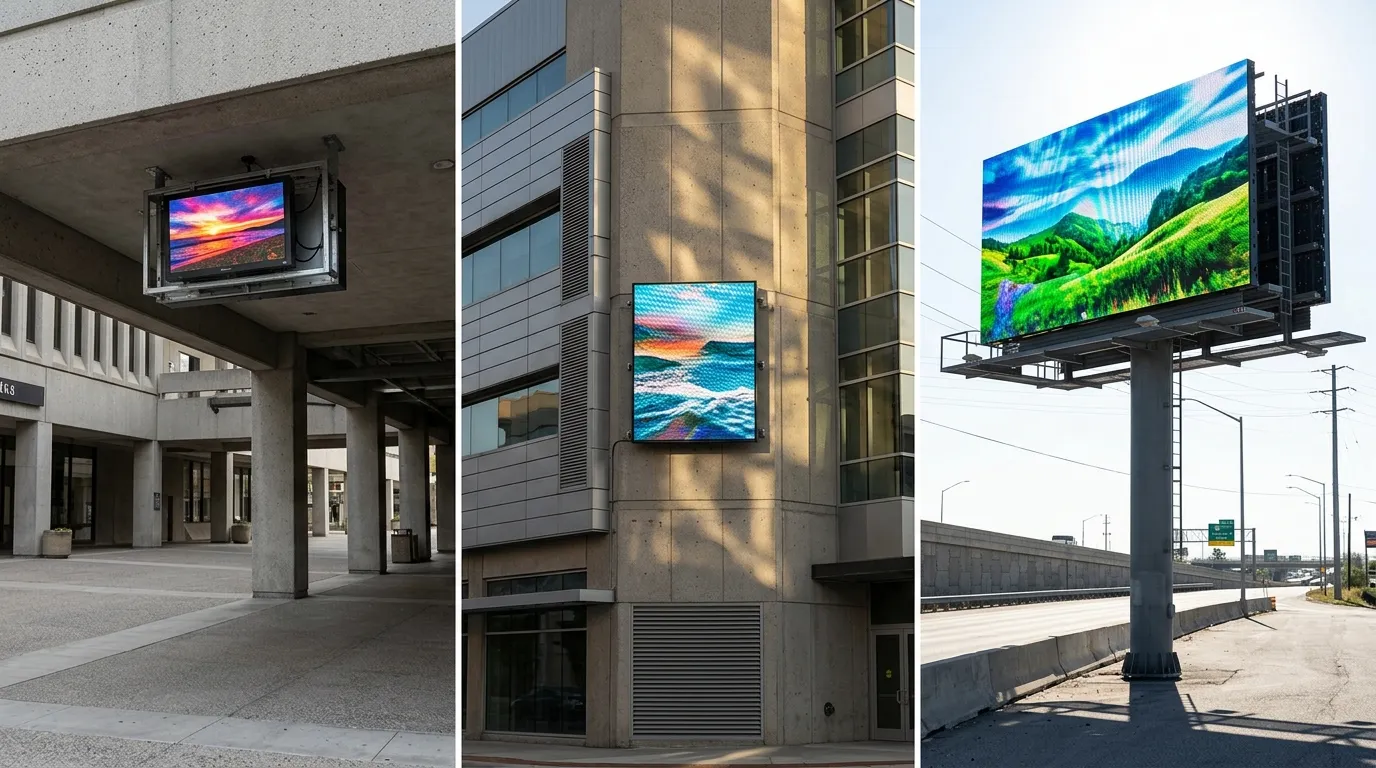 Three outdoor LED screens in shade, partial sun and full sunlight at different brightness levels