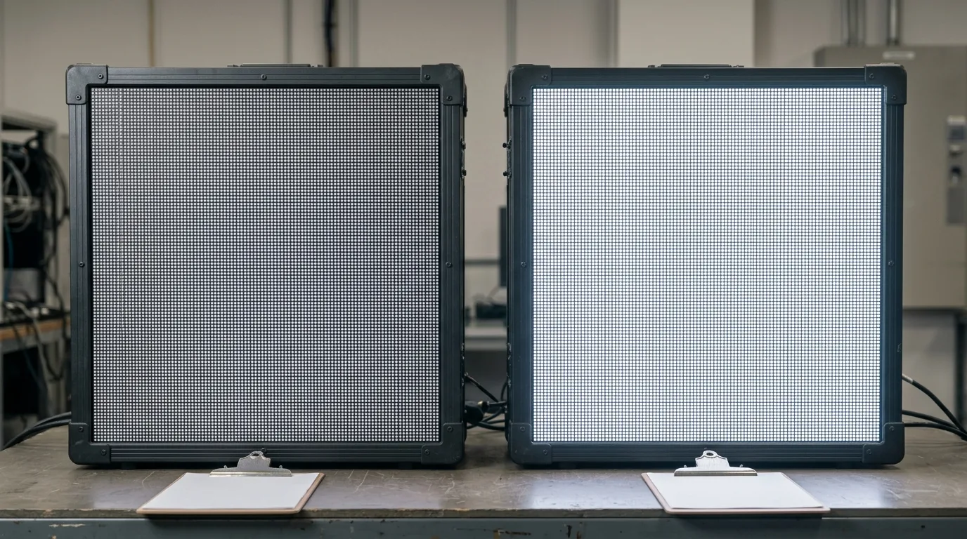 Two outdoor LED display cabinets side by side showing dimmer and brighter output levels on a bench
