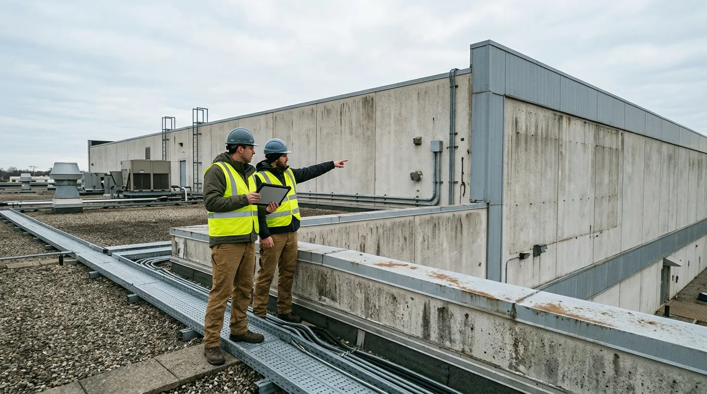 Two installers surveying a building facade from a roof edge, one holding a blank tablet
