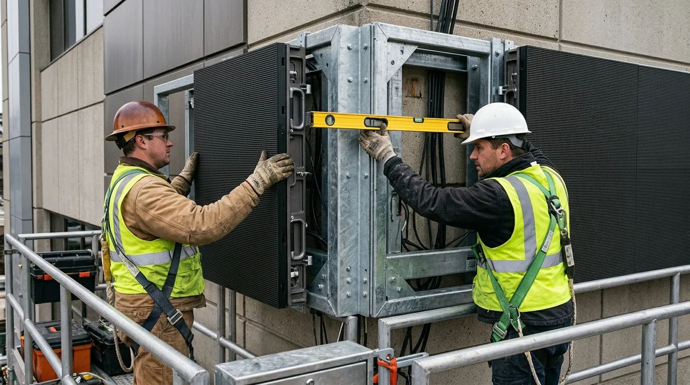 Two installers levelling an LED display cabinet on a steel frame outdoors