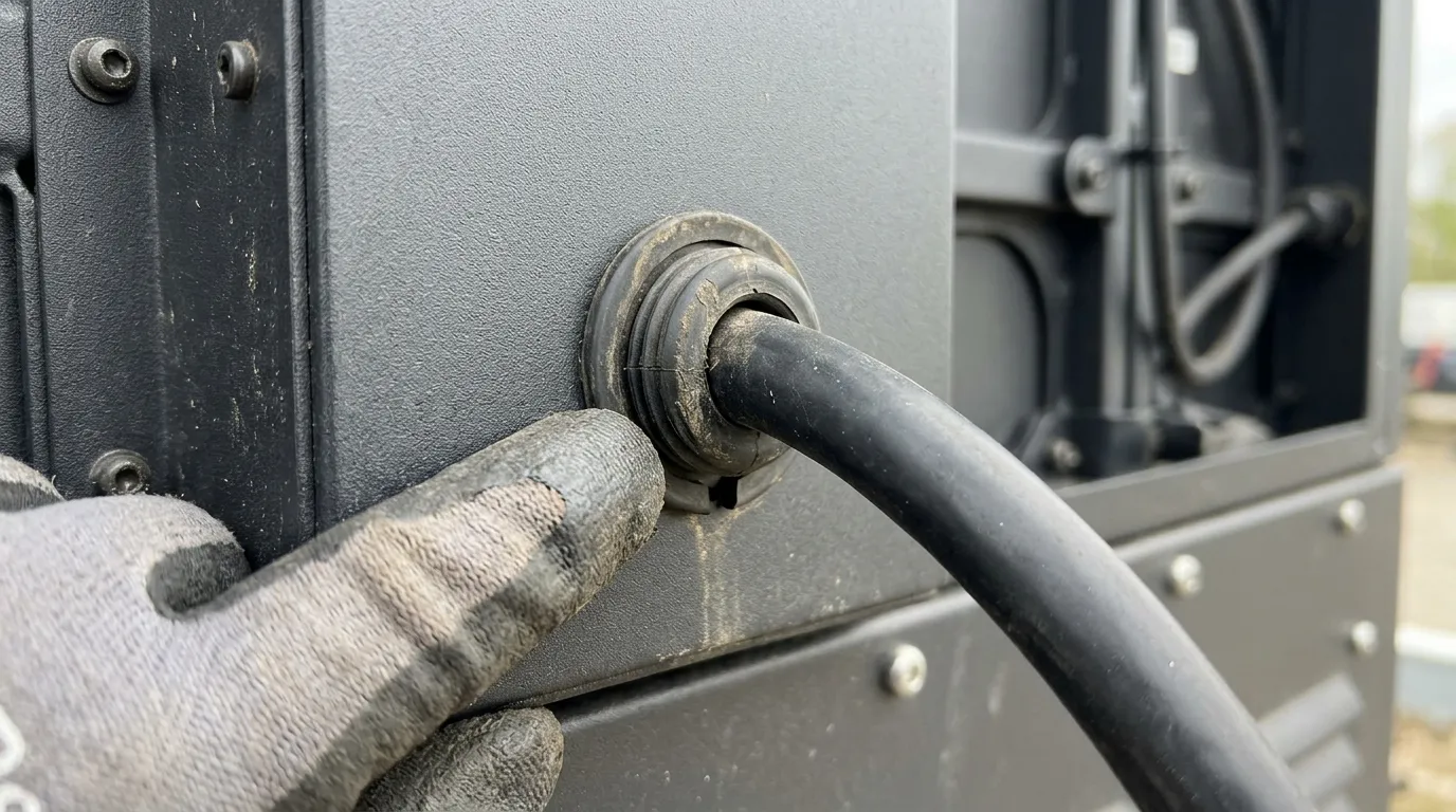 Gloved hand pointing at a seated rubber gasket around a cable entry on a display cabinet