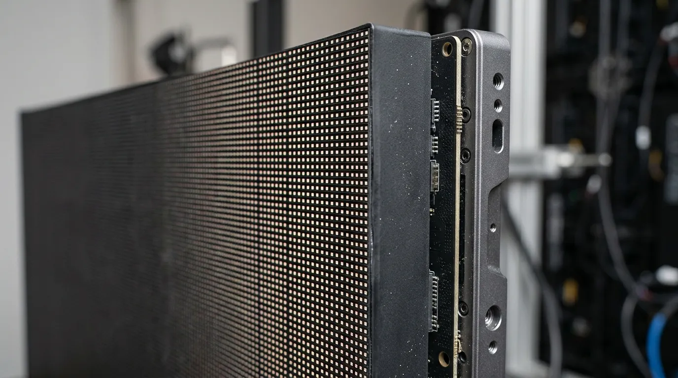 Close-up of a fine-pitch LED display module showing a dense pixel array on a dark panel