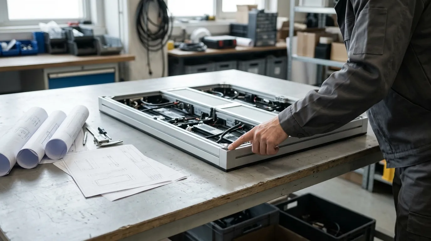 Technician reviewing an LED display cabinet next to generic technical drawings on a workbench