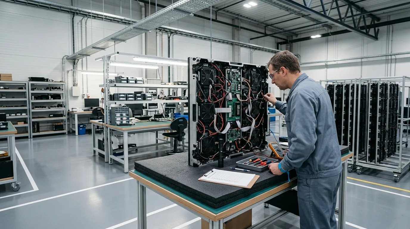 Technician examining the rear of an assembled LED display cabinet at an inspection table with tools and a checklist