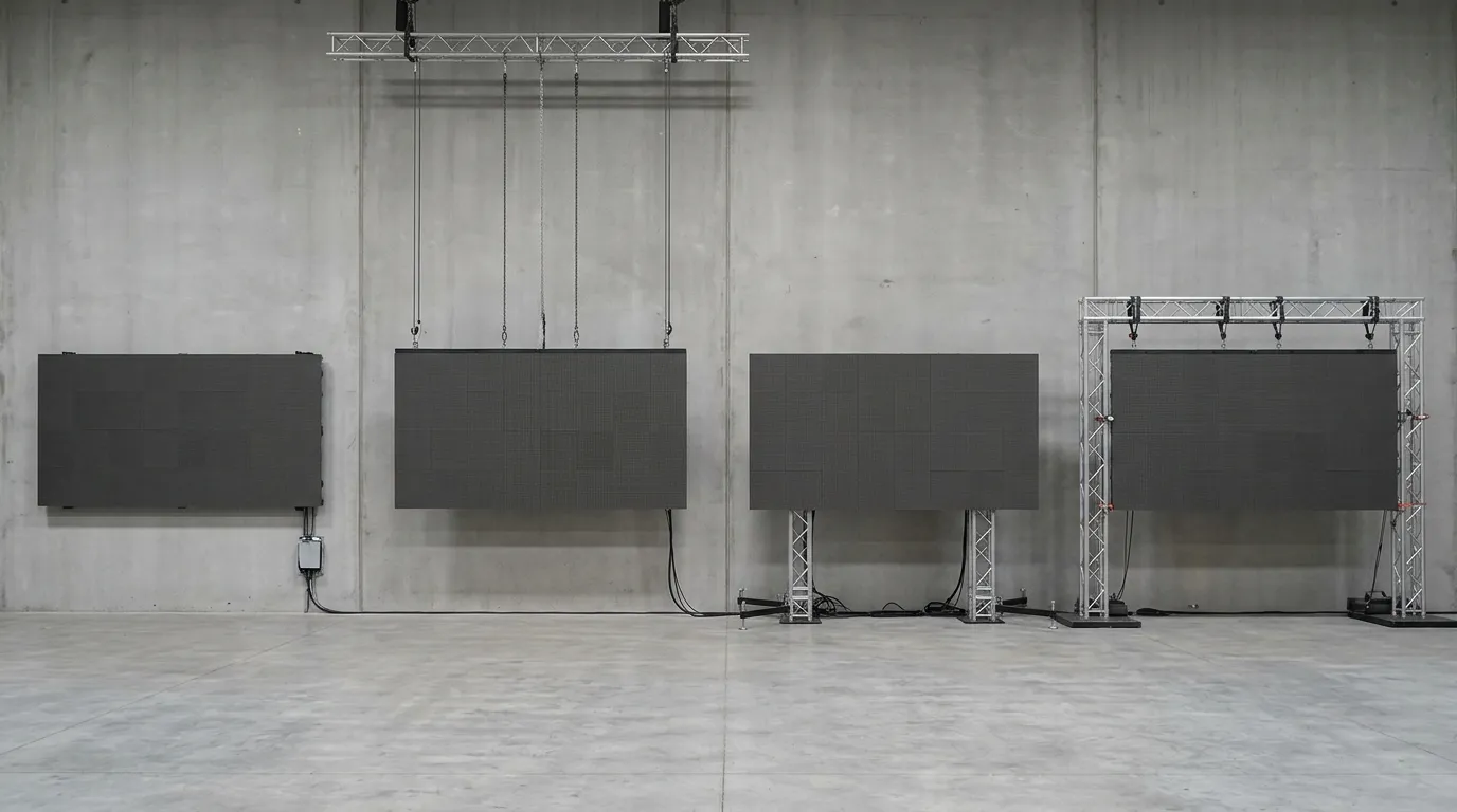 Four LED display mounting arrangements shown side by side: wall-mounted, ceiling-hung, floor-supported and truss-rigged