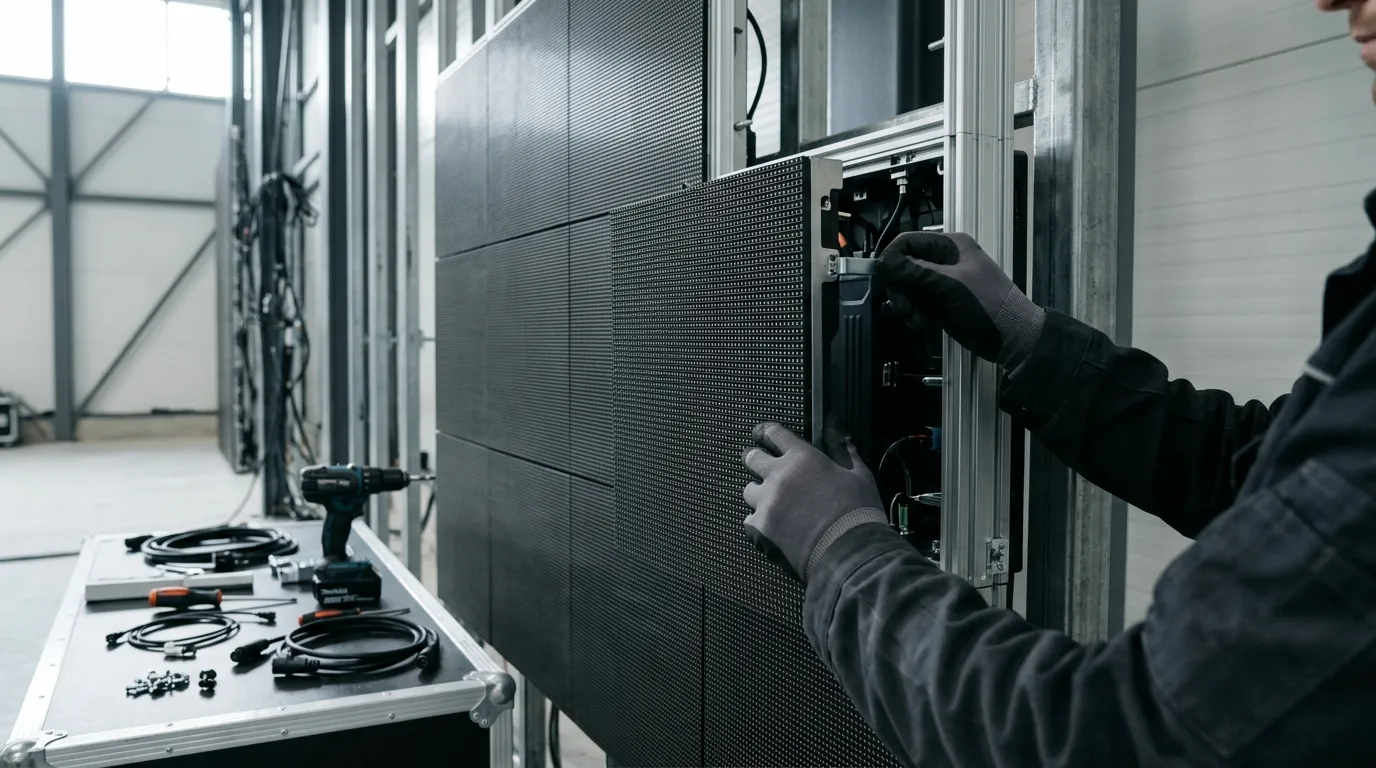 Technician guiding an LED module into a mounted cabinet frame on a wall sub-frame