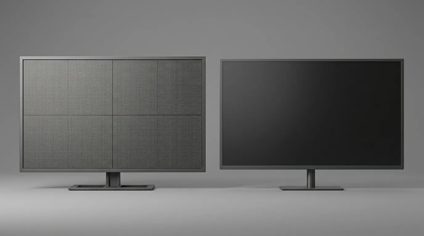 Direct-view LED panel beside a flat-panel LCD monitor, both viewed straight on against grey