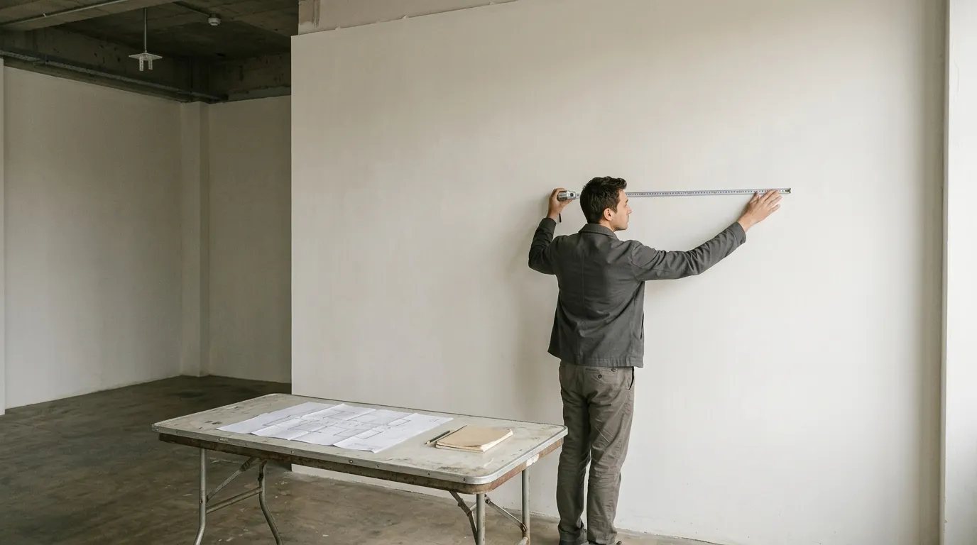 Person measuring a blank interior wall with a tape measure beside a folded floor plan