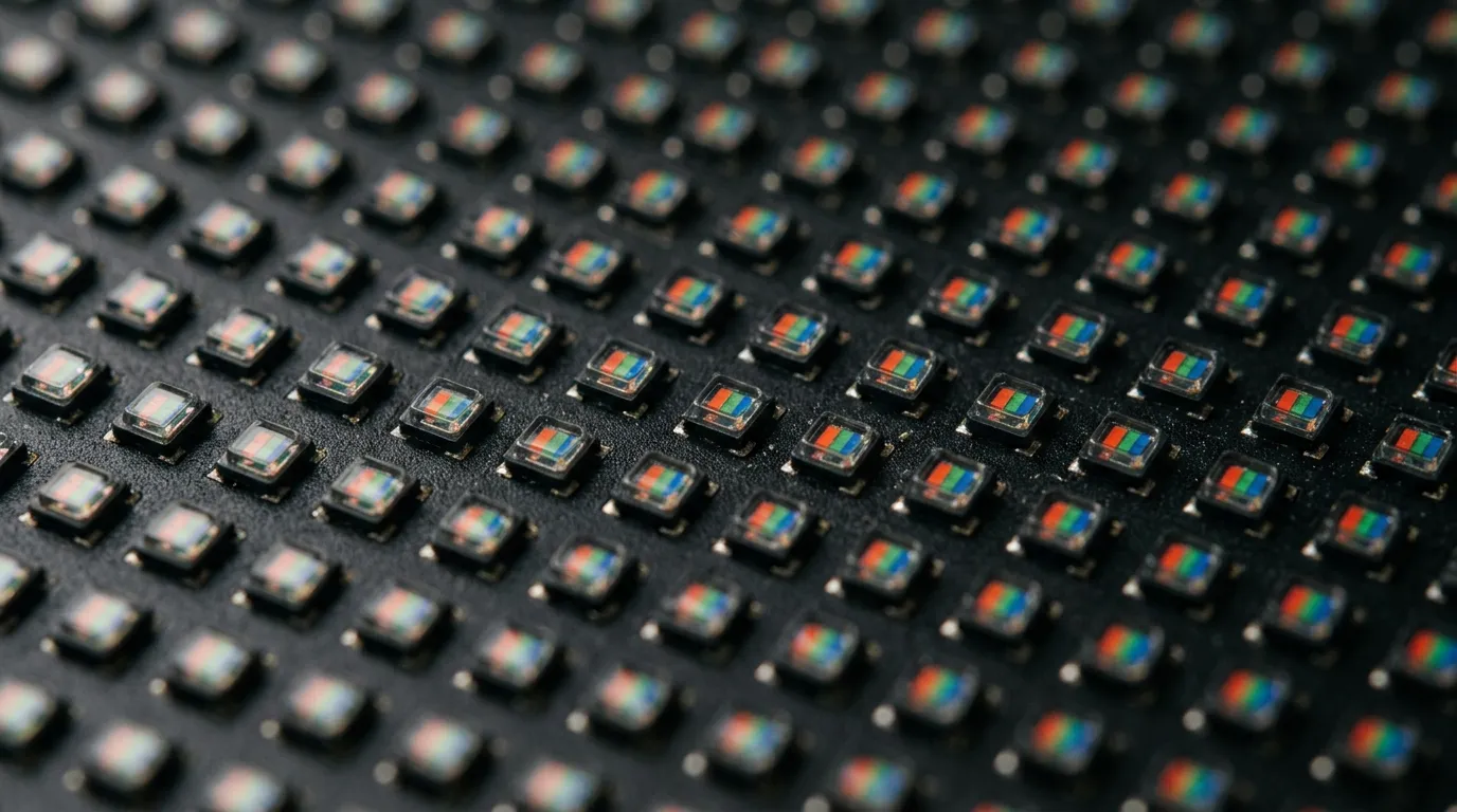 Macro view of tightly spaced RGB pixels on a dark indoor LED display module surface