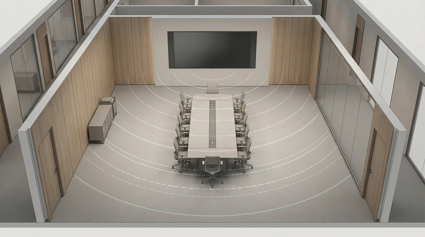 Meeting room floor plan showing a wall-mounted LED screen and concentric distance arcs across the floor