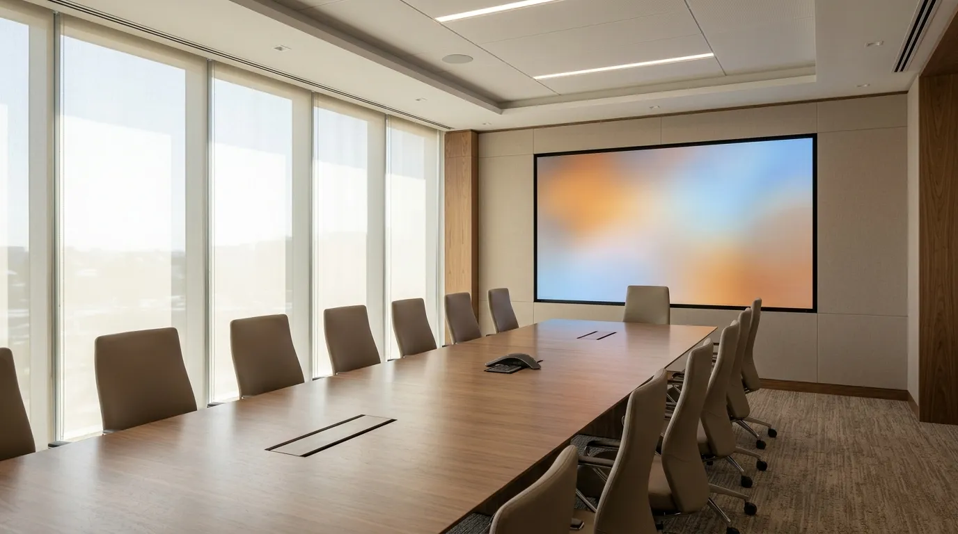 Boardroom with a large wall-mounted LED video wall and the nearest seat close to the screen