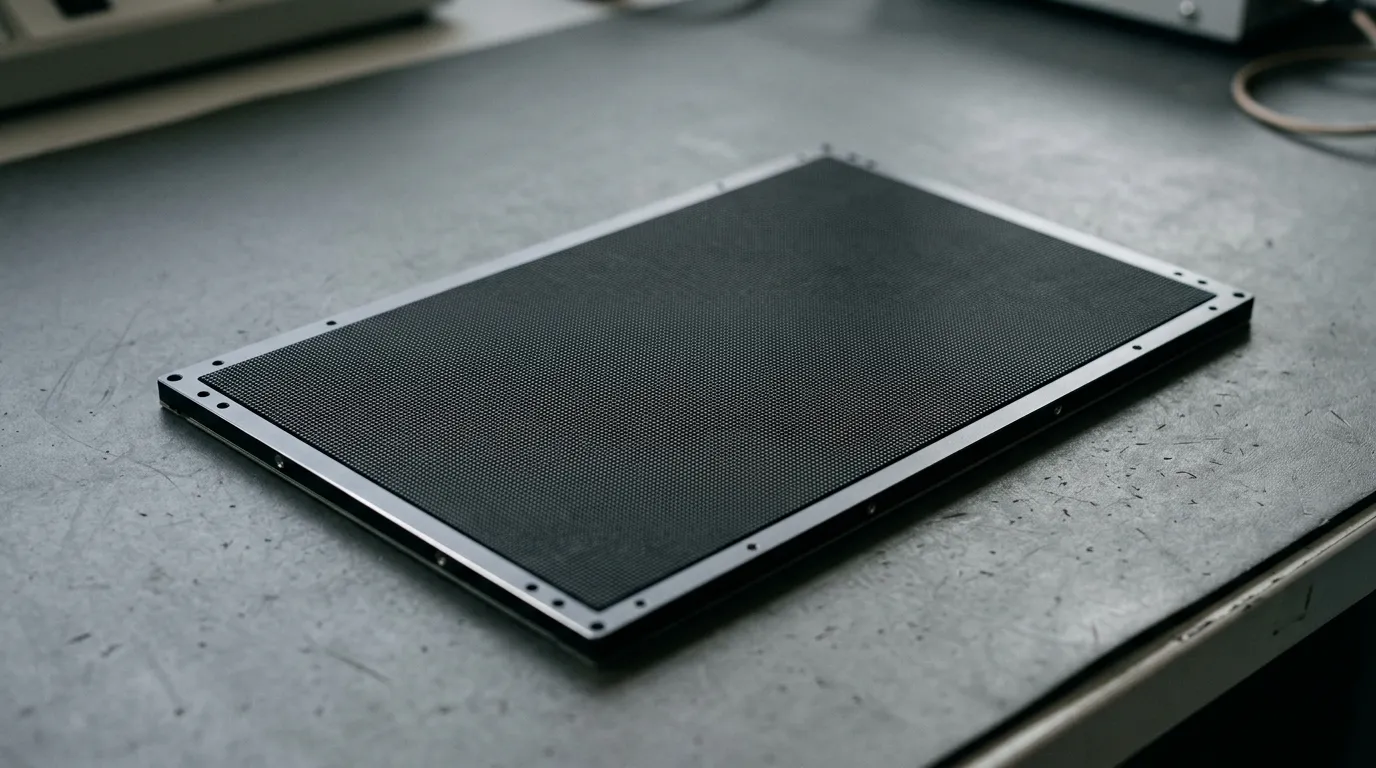 Fine-pitch COB LED display module face-up on a bench, showing the pixel grid and metal frame