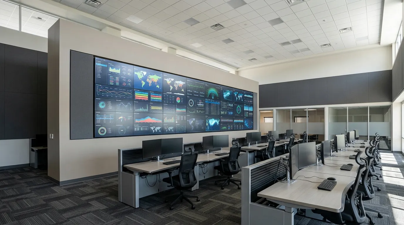 Indoor LED video wall of joined cabinets mounted on a wall in a bright control-room space