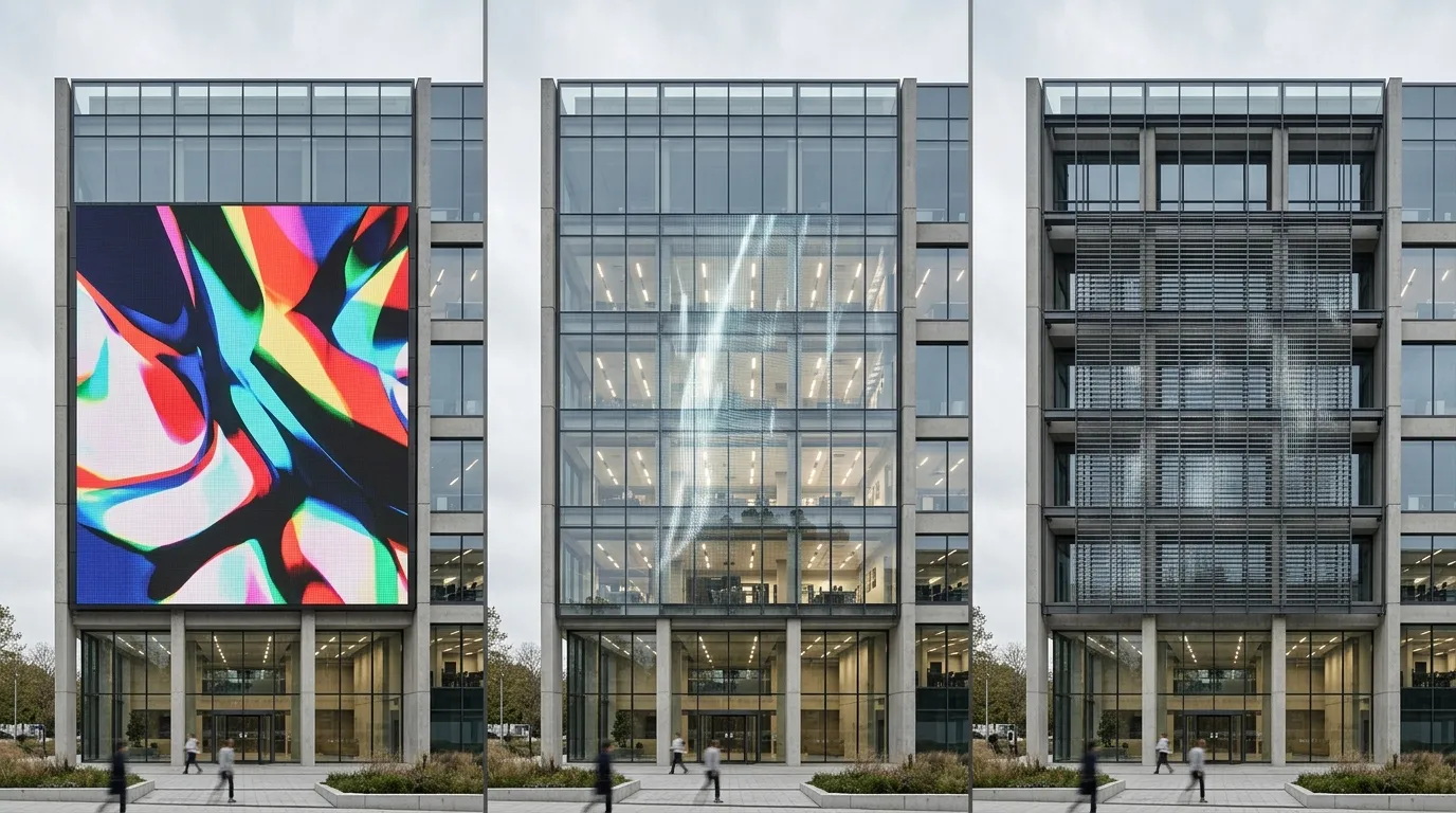 Three LED facade screens mounted on the same commercial building elevation: a solid screen, a transparent display over glazing and an open grille screen