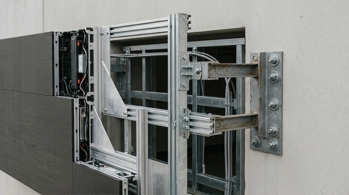Cutaway view of an outdoor LED facade screen showing cabinets, mounting brackets, fixing points and the gap between screen and wall