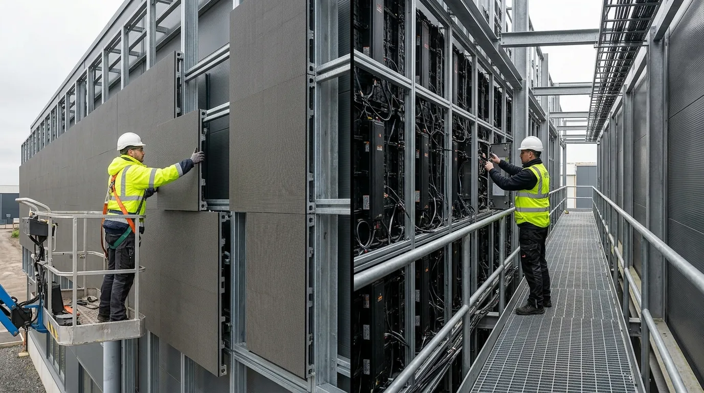 Two outdoor LED facade screens serviced side by side, one accessed from the front and one from a rear service corridor
