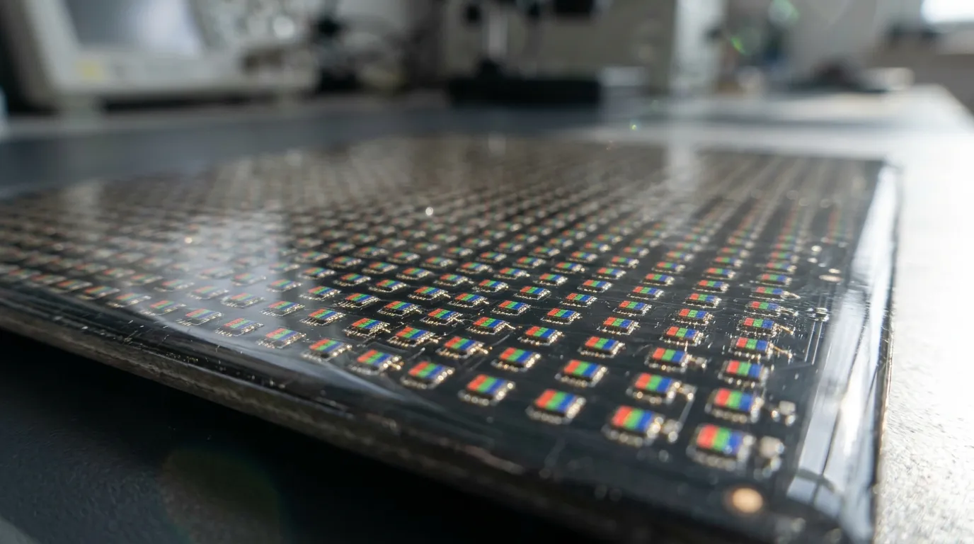 Close-up of a dark COB LED module showing chips sealed under a clear epoxy layer on a circuit board.