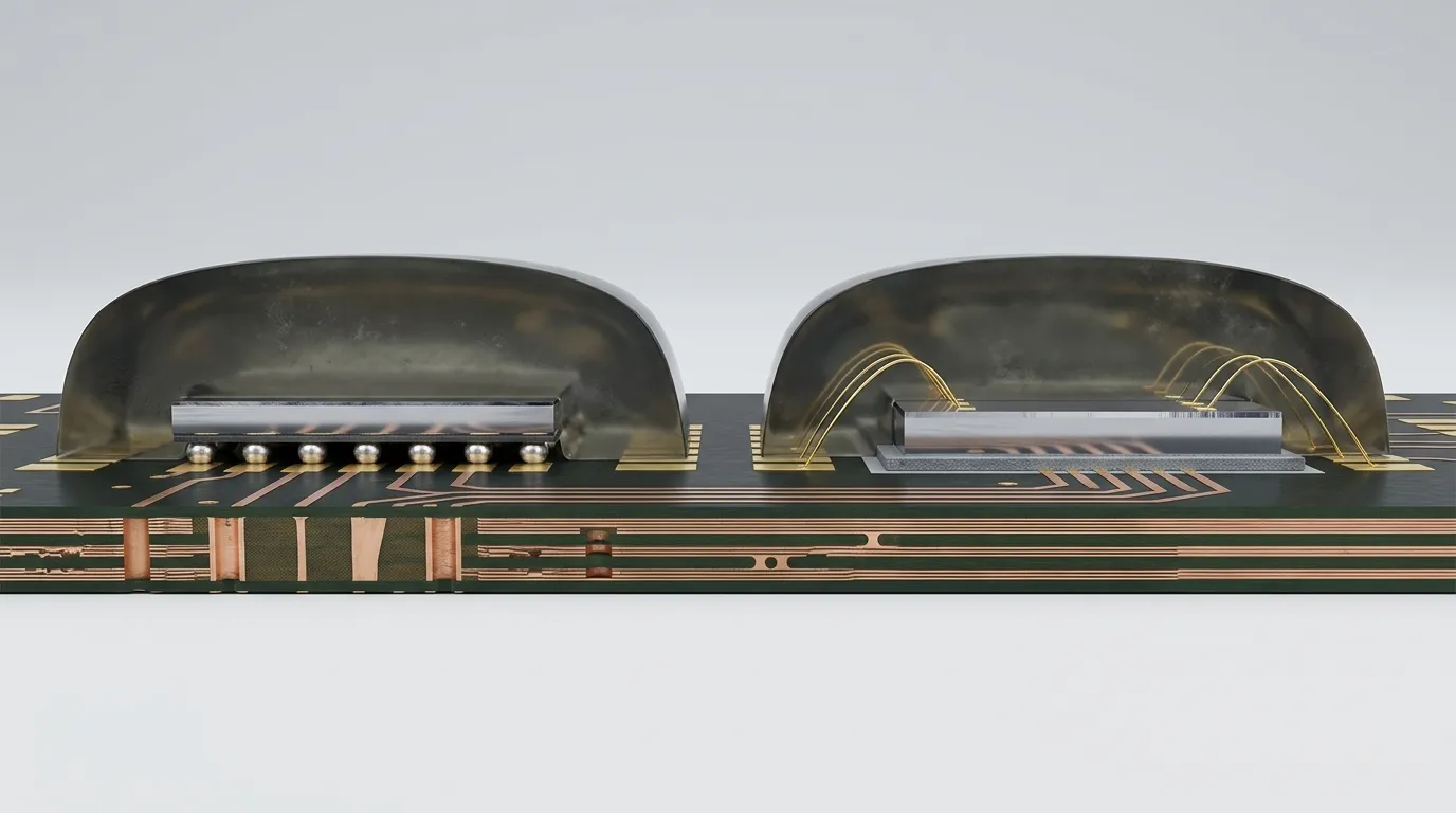 Side-by-side cross-section view of a face-down chip attachment and a face-up wired chip attachment under epoxy.