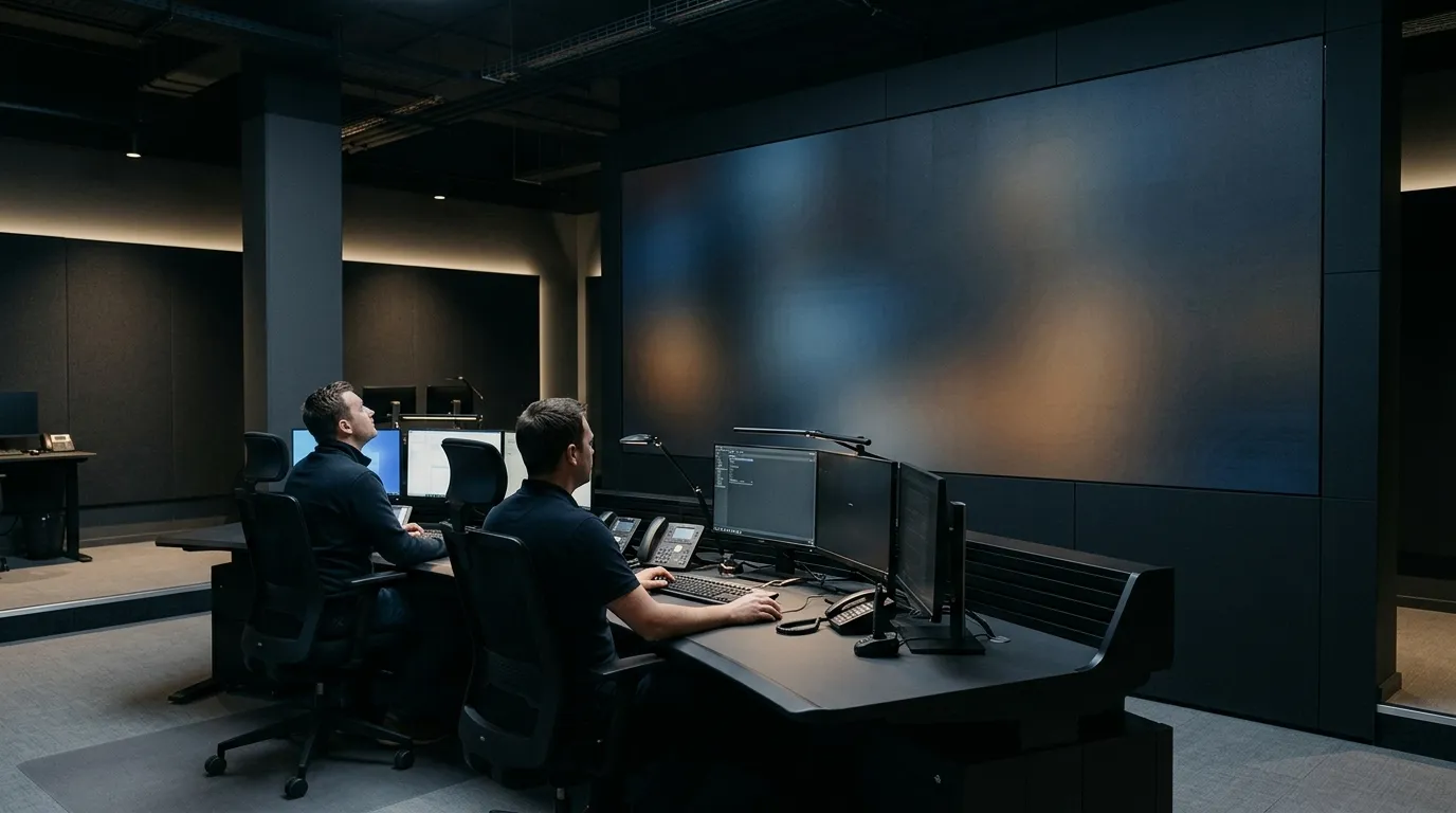 Operators seated at a desk facing a large seamless fine-pitch COB LED video wall in a control room.
