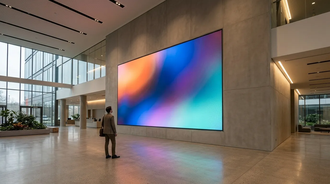 Indoor LED video wall in a commercial lobby with a person standing at the nearest viewing position