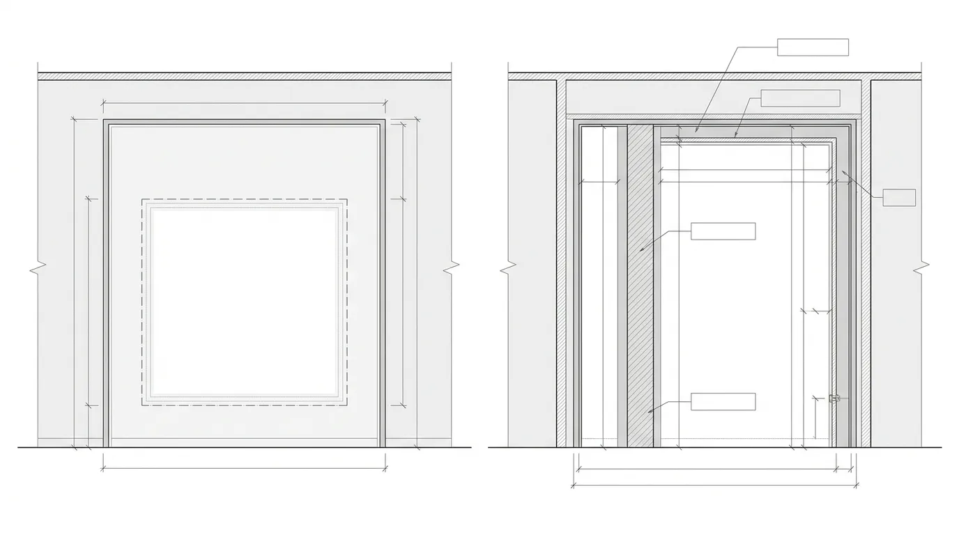 Elevation comparison of a desired display area inside a larger wall opening with depth, obstruction and service-access callouts