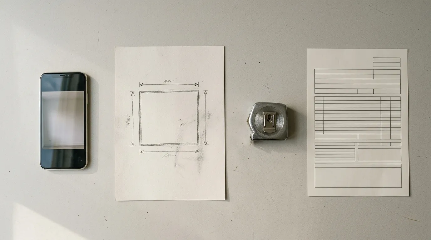Overhead desk view of a site photo on a phone, a hand-drawn dimension sketch, a tape measure and a blank request form
