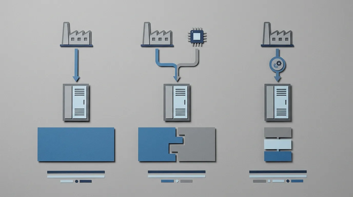 Three-column diagram comparing manufacturer-direct, module-partner and reseller routes for buying COB LED screens