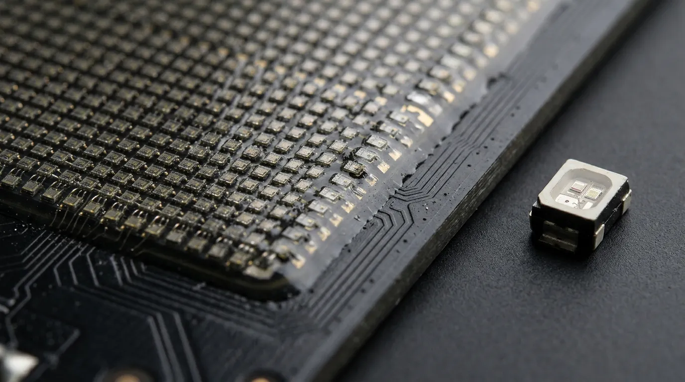 Macro view of a COB LED module chip-on-board surface beside a surface-mount LED package