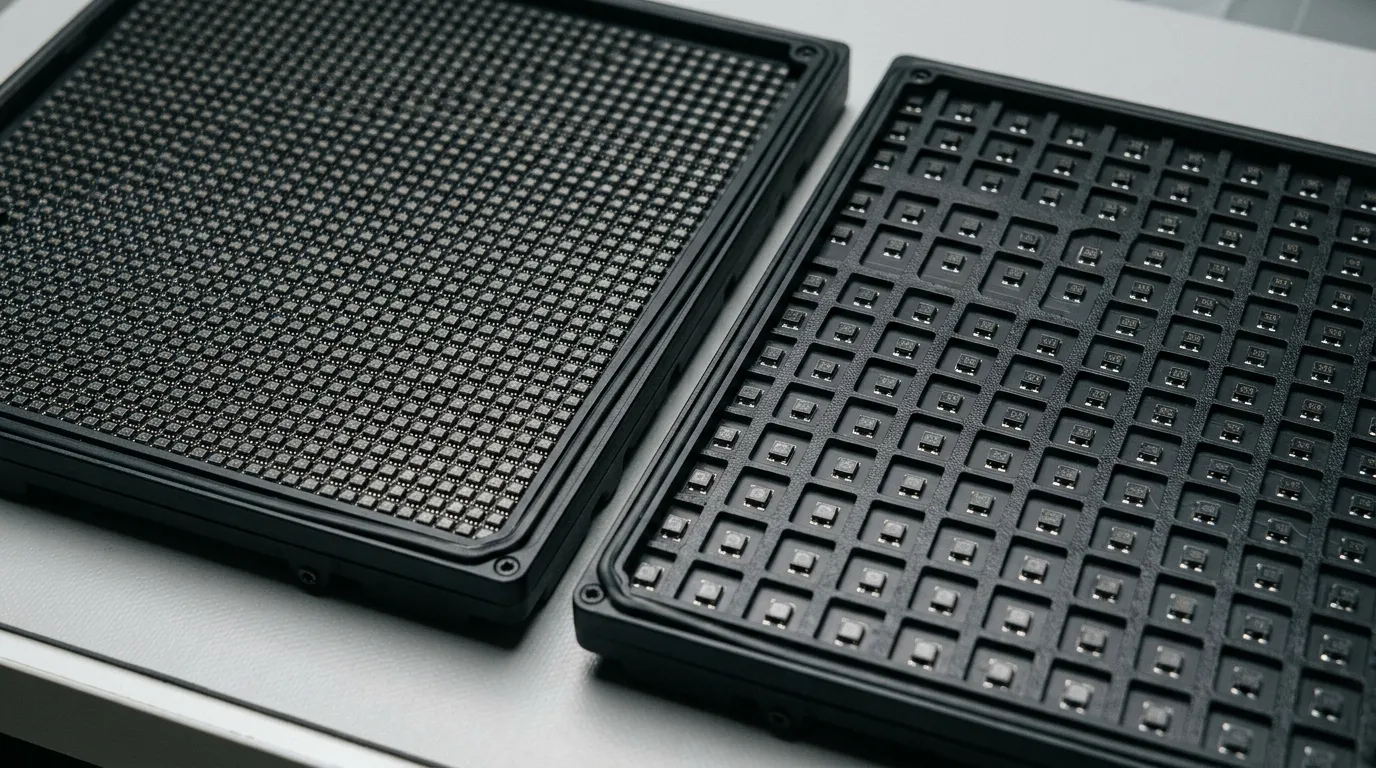 Two outdoor LED display modules side by side, one with tightly spaced pixels and one with wider spacing