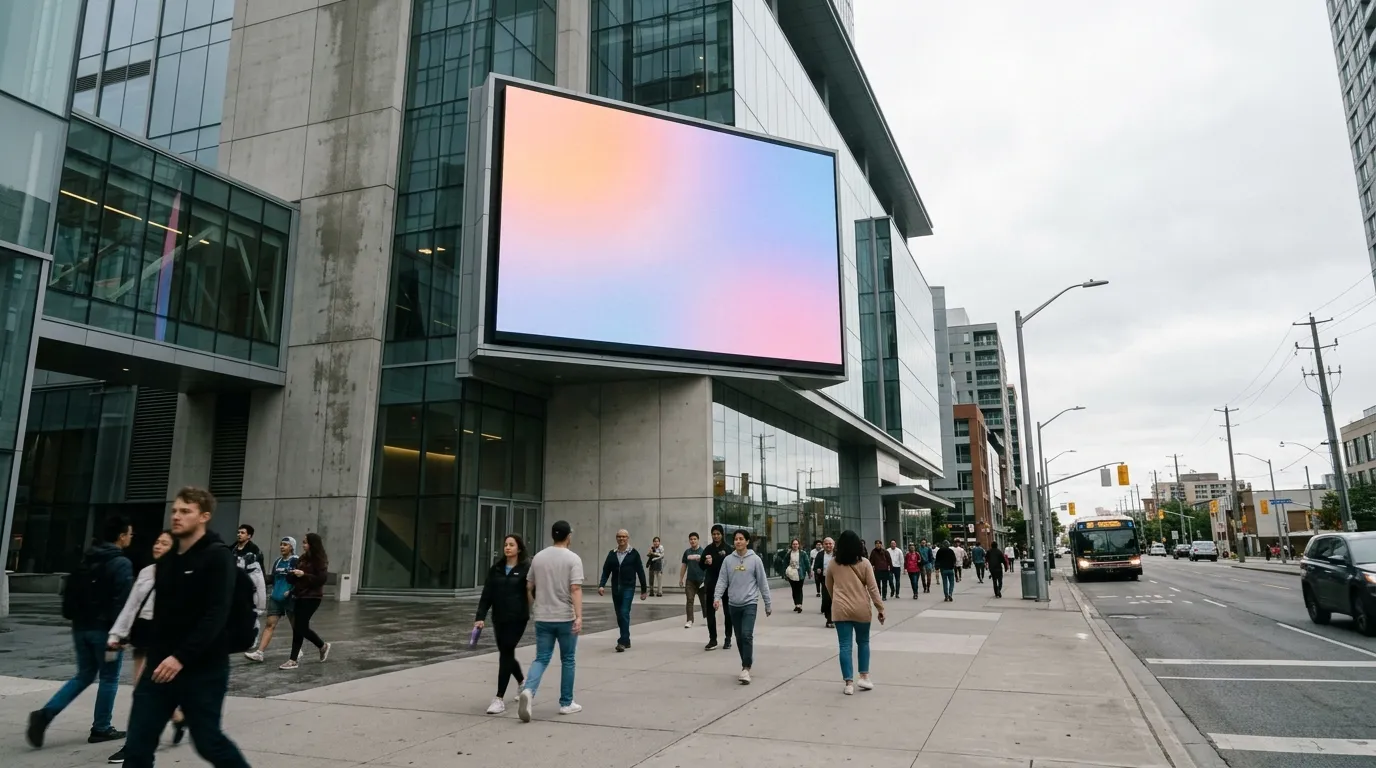 Large outdoor LED screen on a building facade with pedestrians at different distances in daylight