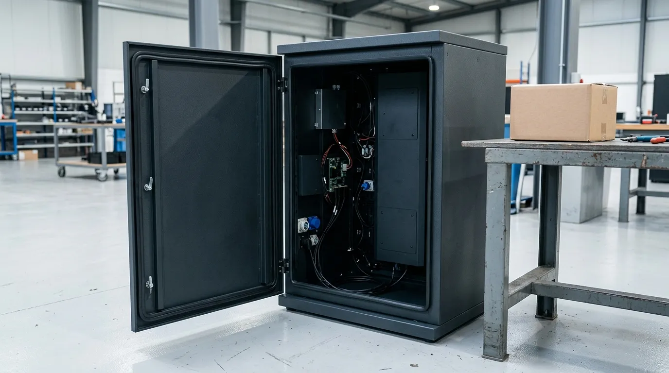 Rear of an open outdoor LED display cabinet showing sealed edges, connectors and an unmarked component box