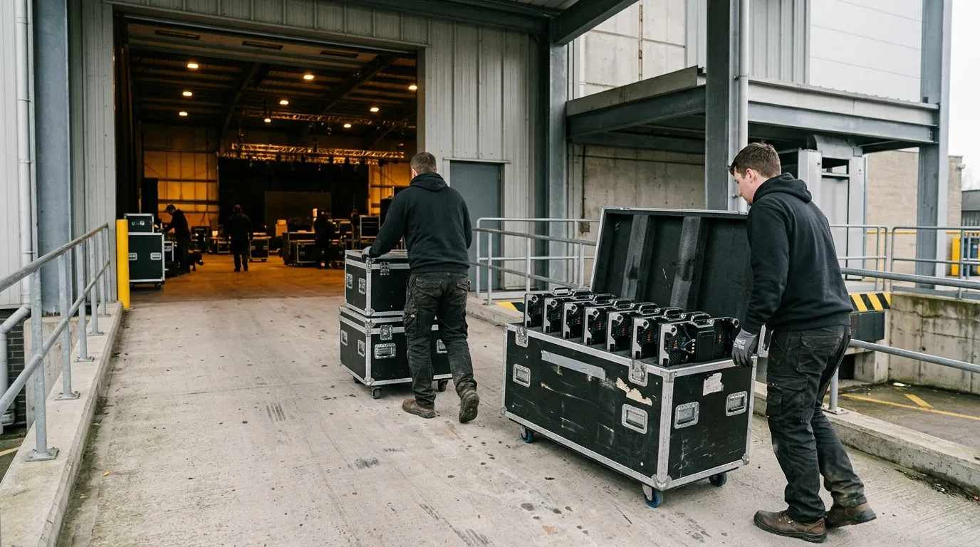 Crew moving wheeled flight cases of LED panels from a loading dock toward an event hall entrance