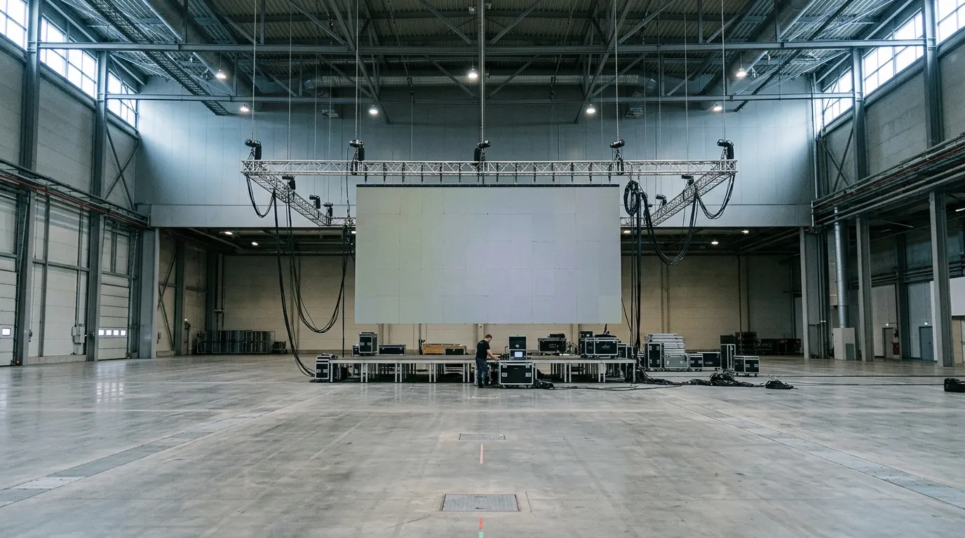 Modular rental LED video wall rigged on stage trusses in an empty event hall with a technician below